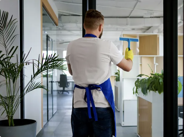Eco-friendly cleaner wiping a glass door